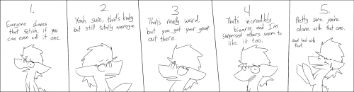 XD Love that scale!(Ramblign below)It’s funny because despite the reputation, I think BDSM (or at least elements of it) are actually probably a 2 on that scale, for how it’s pretty much the go-to default assumption when someone thinks of “kinky”.