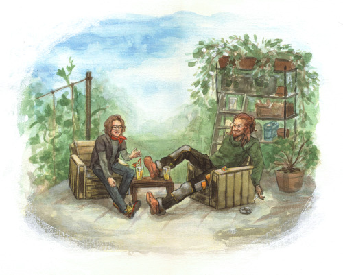 Commission! Lava and Loki hanging out in the garden. DIY palette chairs :)
