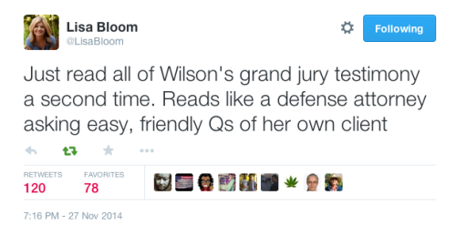 justice4mikebrown:Lisa Bloom on Ferguson grand jury and Darren Wilson’s testimony (storify)More: Lis