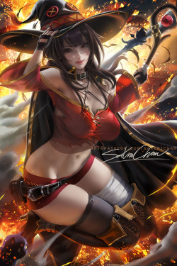 sakimichan:   My older take on #Megumin from #Konosuba ! Perfect character for this October ^o^ !! have a blast guys ^w~ !XD explosive/mild /psd,hd   jpg,  video  process etc-https://www.patreon.com/posts/30555623  