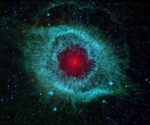 This infrared image from NASA&rsquo;s Spitzer Space Telescope shows the Helix Nebula.The nebula, loc
