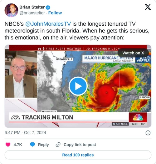 NBC6's @JohnMoralesTV is the longest tenured TV meteorologist in south Florida. When he gets this serious, this emotional, on the air, viewers pay attention: pic.twitter.com/iiECZ8KaHx
— Brian Stelter (@brianstelter) October 7, 2024