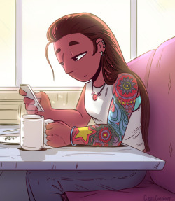 Grown up Connie grabs a morning coffee. Big