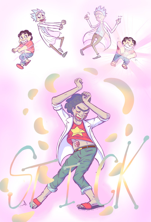 ah-h-h-h-jeez-rick-i-dunno:  Based off this artist’s adorable fusions, I give you, STICK!  A fourty something, sugar chugging, super huggy Rick and Steven fusion! Look how cute he is!!! 
