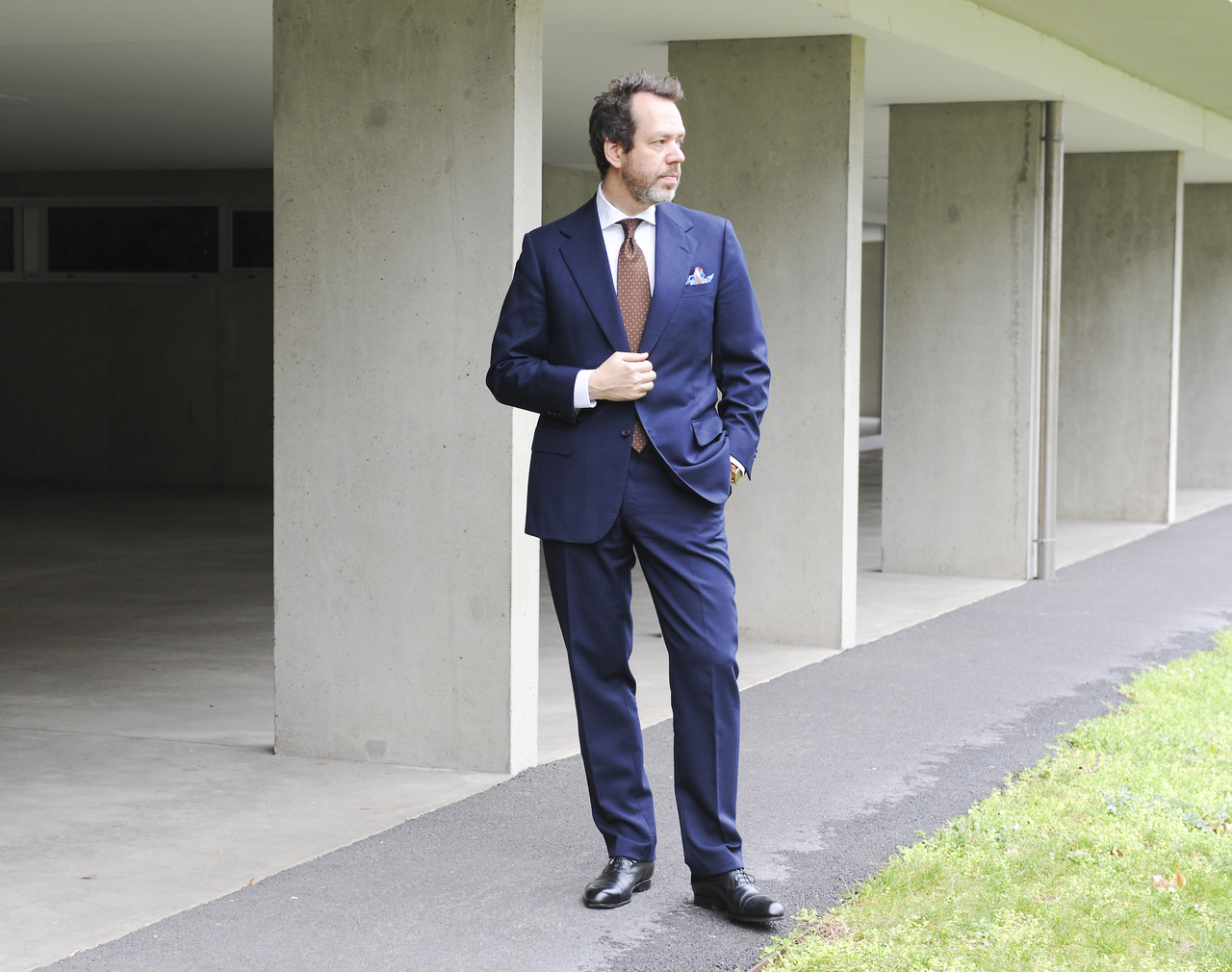 black shoes and blue suit