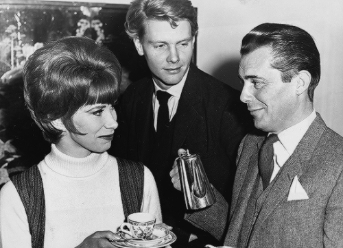 Dirk Bogarde, James Fox and Wendy Craig at a reception for his new film The Servant (1963)