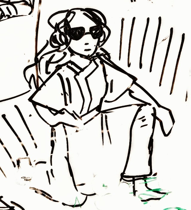 A whiteboard doodle of Katara in sunglasses.