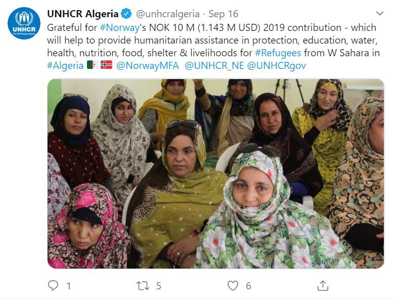 FNs Høykommisær for flyktninger takker for at Norge i løpet av 2019 har donert 10 millioner kroner i humanitær bistand til flyktningene i Algerie.