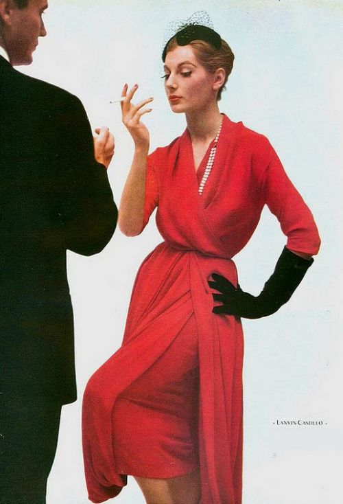 1952 Fiona Campbell-Walter in red silk-crepe cocktail dress by Lanvin-Castillo, photo by Richard Dor