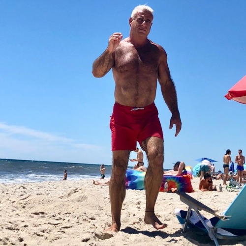 astorianyhairydad: daddiesonthego: Silver Fox Muscle Beach Daddy soaking in the sun at Fire Island B