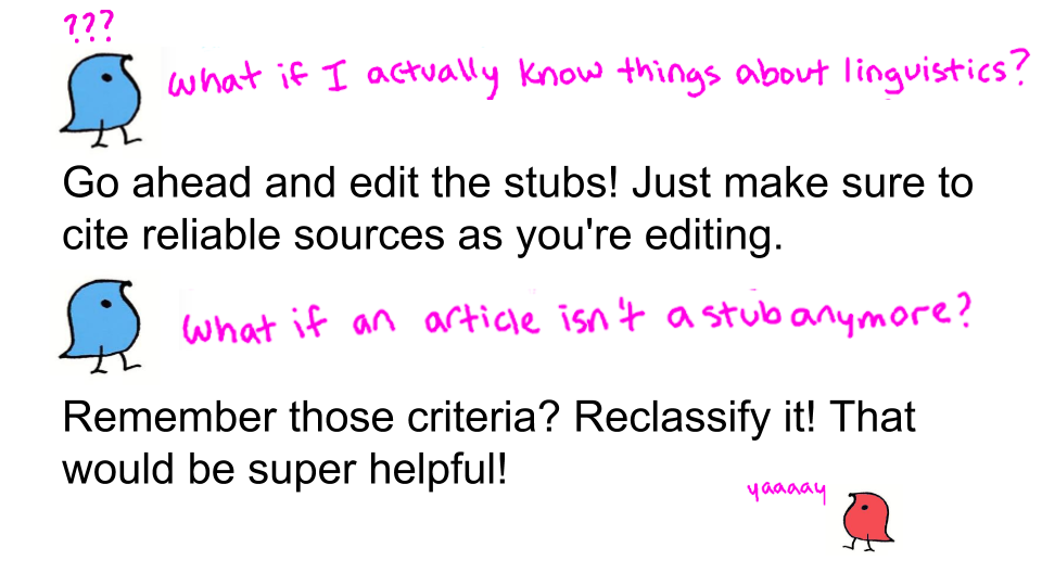 Guide to Linguistics Stub Sorting on Wikipedia Have you wanted to get in on the #lingwiki editing fun but you don’t know much about linguistics? Editors often look through lists of stubs to find articles to edit, so stub sorting helps get these...