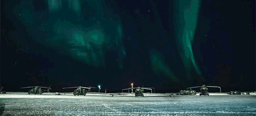 aviationgifs:Finnish helicopters under the northern lights.
