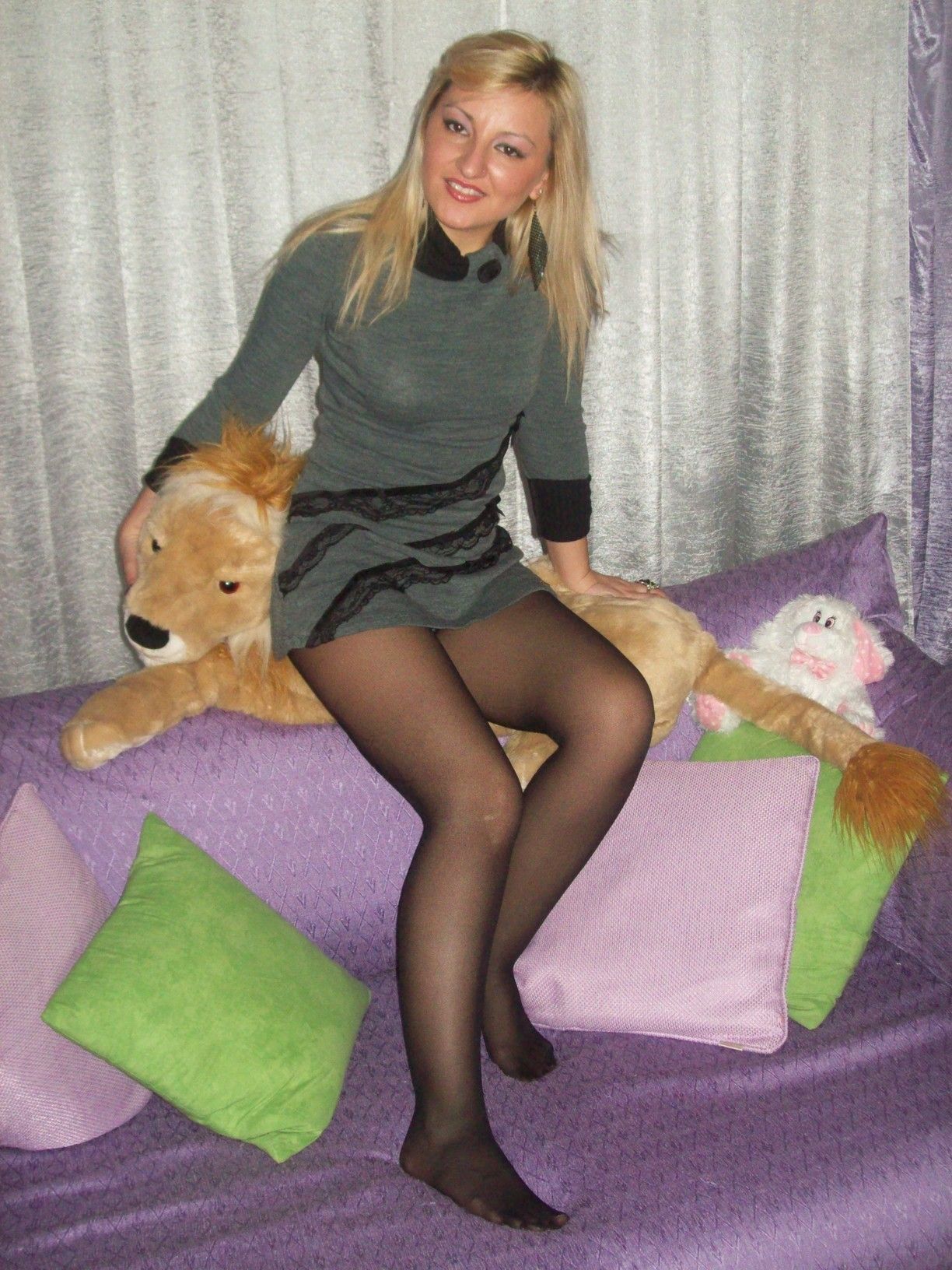 tightsobsession:  Shoeless in sheer pantyhose and grey dress. Tights week starts