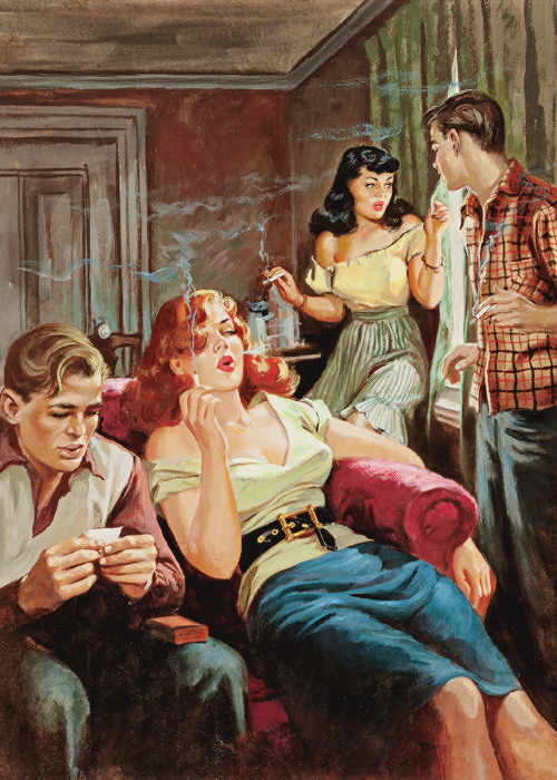 vintagegal:Together We Smoke, illustration by Howell Dodd, Crime magazine cover, March 1953 Haha Hah