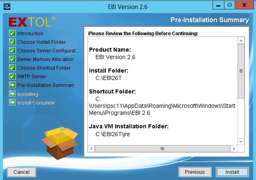 EXTOL Business Integrator 2.6 Server Confirmation of Settings