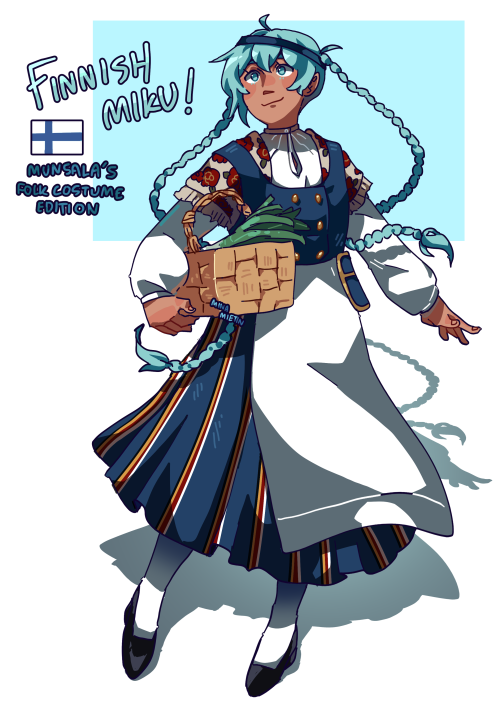 Art of Hatsune Miku labelled "Finnish Miku!" She is wearing a Munsala folk costume next to the Finnish flag.
Miku is depicted with two long blue braids that reach her waist. She has warm brown skin and is smiling while holding a wicker basket. Inside the basket are some leeks. Her outfit consists of a white undershirt, a knitted cardigan with red floral pattern, and a blue waistcoat with double breasted golden buttons. She has a long blue skirt of the same colour that has thin golden and white stripes. Finally she has a white apron over her skirt, white stockings, and black shoes. On her head is a thin blue headband.
