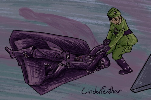 Admiral Piett drags Darth Vader to the ramp of a ship. Darth Vader has his left cybernetic foot severed, and the right one injured.