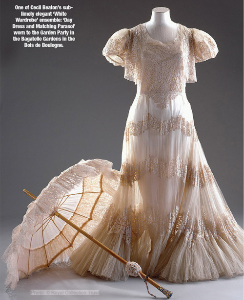 Tulle and Lace Dress with Matching Parasol, 1938Worn by Queen Elizabeth as part of her “White Wardro