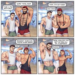 simshenkos:A little muscle theft minicomic I made ft. two snap-happy gym bros who discover that the camera gives as much as it taketh away~Full res NSFW and textless versions are available on my Patreon! 🥳