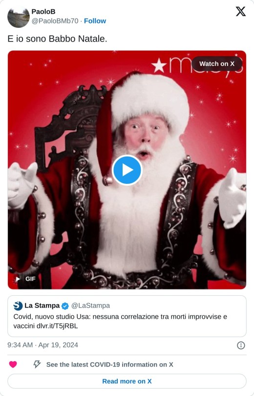 E io sono Babbo Natale. https://t.co/uj4q5n8Iux pic.twitter.com/sHei4fbjzj  — PaoloB (@PaoloBMb70) April 19, 2024