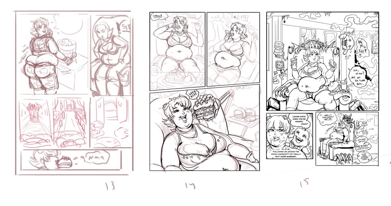 fatline:  Puddin’ on the Pounds: Comic Thumbnails 36 pages weight gain comic WIP