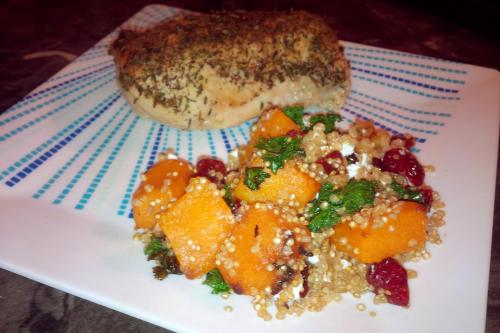 Baked chicken with sautéed butternut squash and kale mixed with toasted walnuts, quinoa, cranberries