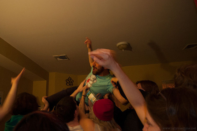 Dustin @ Bleeps Over Birthdays by Ugly Machine on Flickr.
Yes, that is Dustin crowdsurfing in a living room at my birthday party.