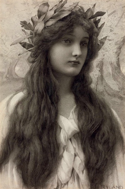 Maiden with a laurel wreath.Pencil and grey wash on paper.43.8 x28.6 cm.Art by Henry Ryland.(1856-19