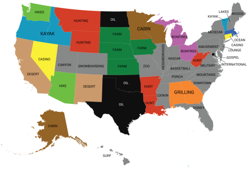 Most common word appearing in online dating profiles by state.