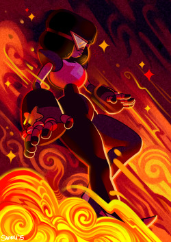 dorkyboo:  THIS IS GARNETBACK IN LAVA Yes I finally finished a picture of Garnet! Here she is, descending gently into pure molten hell and not even breaking a sweat. 