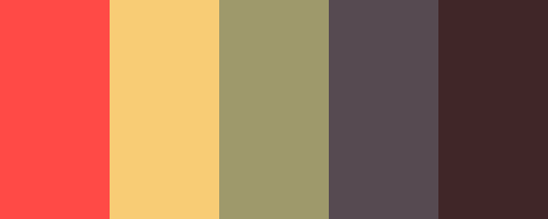color-palettes:Duet - Submitted by Celandina#FF4A46 #F8CC75 #9E996B #564A51 #402628