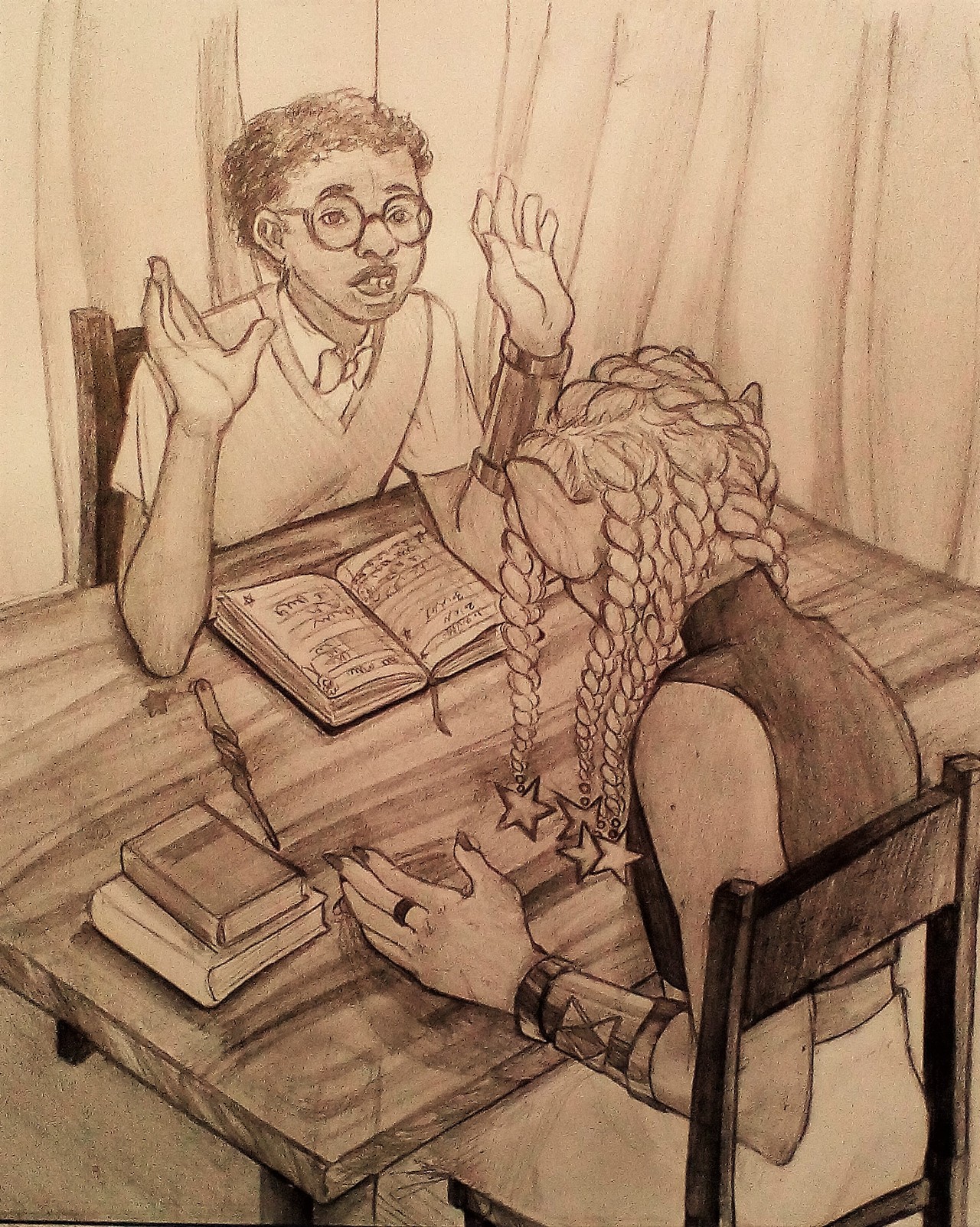dailytaako: Today’s Taako is discussing magic theory with Angus.  Bonus: Thats