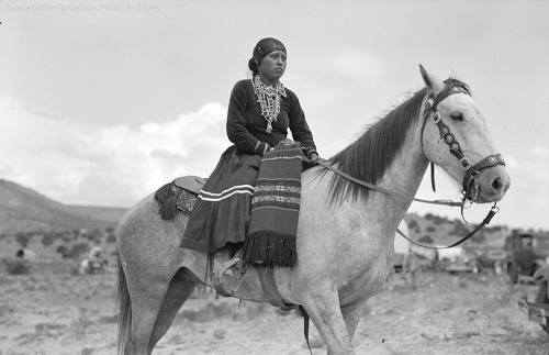 pogphotoarchives: Irene Willie Adeky (Diné) on horesback, New MexicoPhotographer: T. Hamon Pa