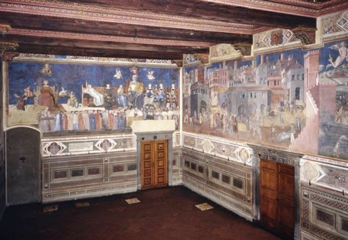 Ambrogio Lorenzetti (Siena, c. 1290 - 1348); Allegories of the Good and Bad Government and their Effects on the City and on the Country (partial view), 1338-39; fresco, 200 cm x 770 cm x 1440 cm; Sala della Pace (also known as Sala dei Nove), Palazzo