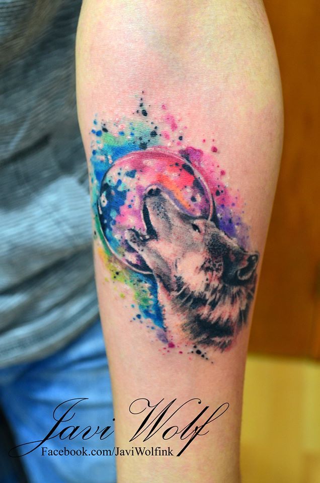 Blue Watercolor Wolf Tattoo Design