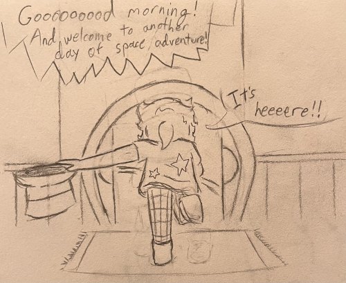 Hat Kid runs at her bedroom's door, hat in one hand. They yell out "It's heeeere!" excitedly, as her spaceship's announcements blares out "Goooooooooooood morning! And welcome to another day of space adventure!"