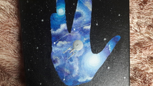 readysteadytrek:Painting is all done!! Lil Enterprise A in a Vulcan salute with a purple/blue nebula