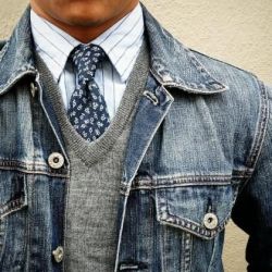 fashionforblokes:  Another example of layering with old favourites - worn-in denim dressed up with a wool vest and tie… great way to dress up that lovable old jacket.