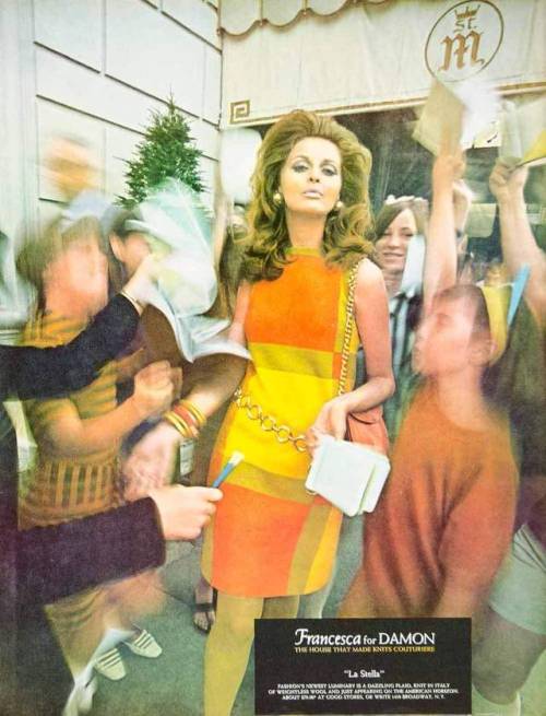 1967 color print ad for &ldquo;La Stella&rdquo; a mod geometric knit dress by Francesca for Damon.