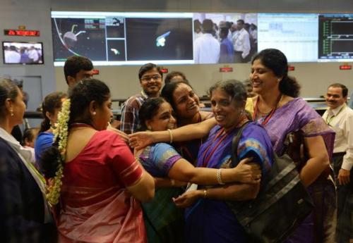 In ISRO&rsquo;s Bangalore control room, women scientists in colourful saris hug each other after