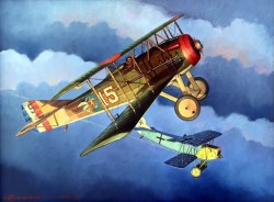 pinturas-gran-guerra-aire:  1918 10 Catch and Release - Steve Anderson 1918 Capt. Robert L. Rockwell of the 93rd Aero Squadron eyeballs a Fokker D. VII that’s out of the fight in late October, 1918. I think the D.VII should be from Jasta 19, the low