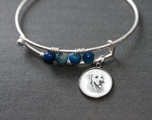 Golden Retriever Charm Bangle - Goldie Charm - Openable bangle - blue cats eye beads - dog lover jew