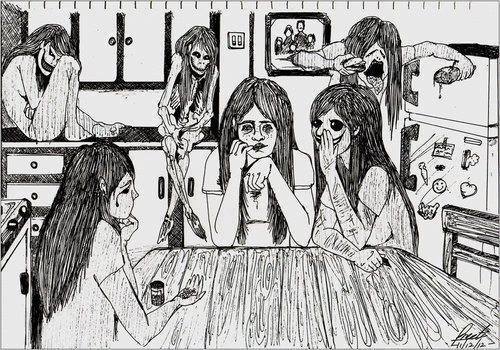 liberatusemociones:  “En la esquina, sentada sobre el mueble de la cocina está la depresión. Al lado de la depresión está la anorexia en los huesos. Sentada en la mesa con pastillas en la mano y llorando está la ansiedad. En el refrigerador