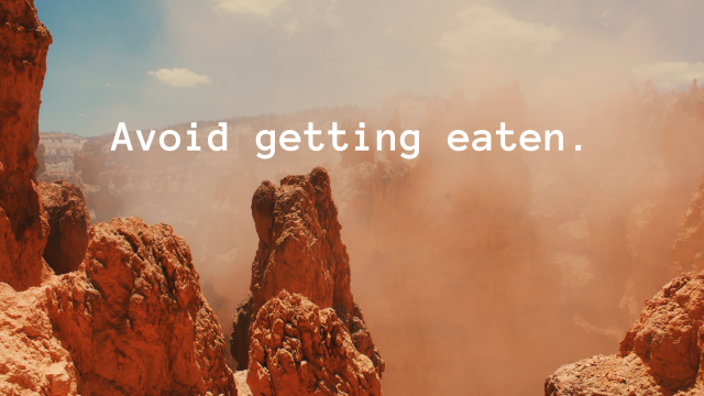 Avoid getting eaten. [ID: Group of rock formations in desert with sand floating in air]