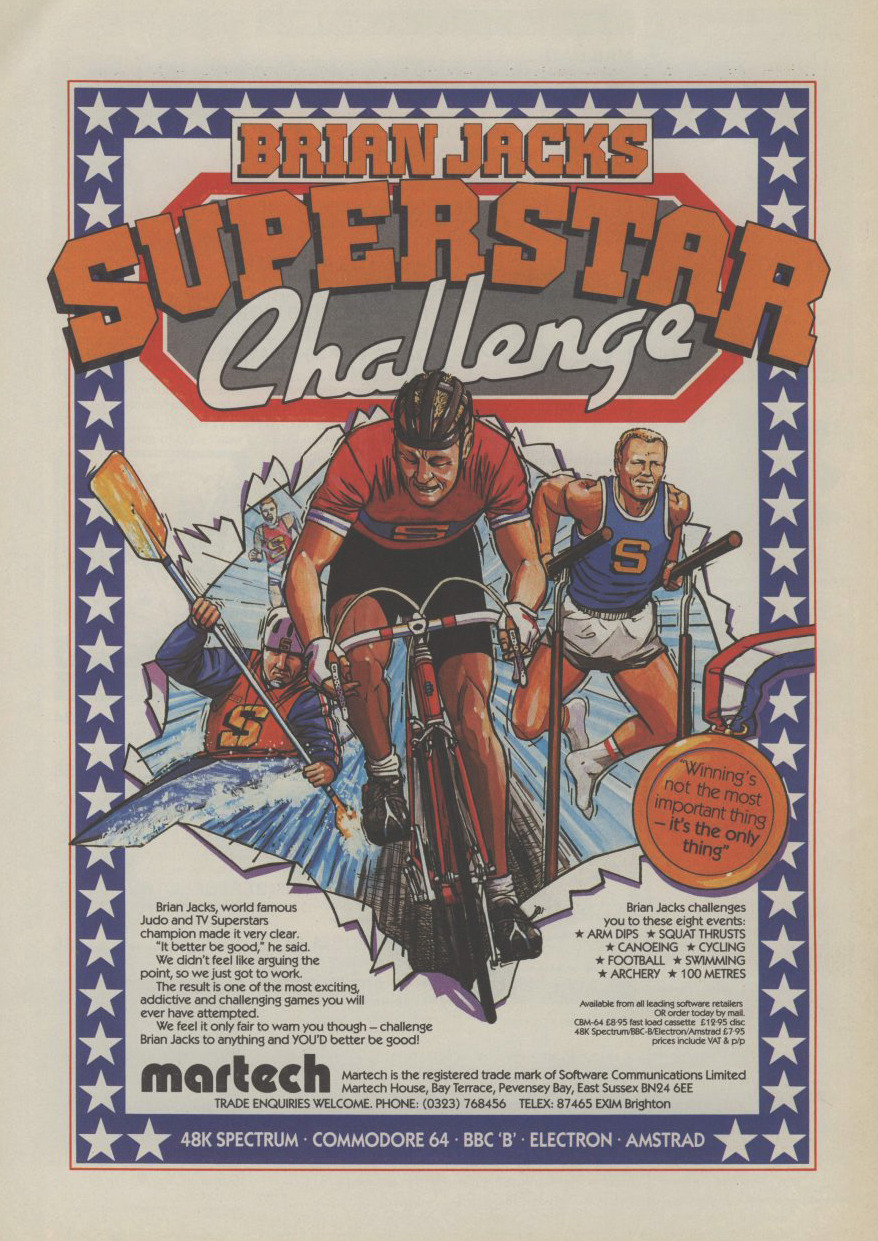 retrocgads:
“UK 1985
”
‘Brian Jacks Superstar Challenge’[MULTI] [UK] [MAGAZINE] [1985]
“This is a multi-event sports game licensed by British judoka and 1972 Olympic bronze medallist Brian Jacks and loosely based on the BBC sports programme...