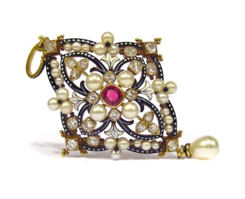 Pendant Natural pearl, enamel, gold, ruby and diamonds. ‘Of lozenge form, finely enamelled opa