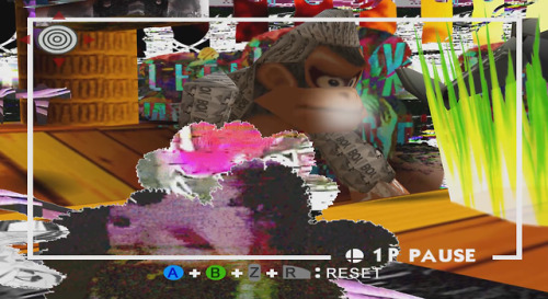 Couple of in-progress screenshots of my glitch art texture pack for Super Smash Bros.Also I guess I’