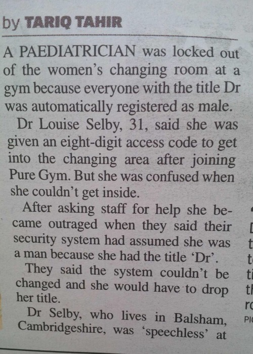 pinchtheprincess:  weirdgirl42:19962701:alwaysbewoke:“The system couldn’t be changed?!” So at this gym only MEN can be doctors. Omega level fuckery. You don’t have to be a feminist for this to anger you. Yeah but if this angers you, then you