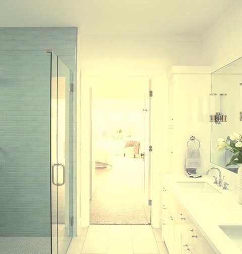 San Francisco Master BathMid-sized Cottage Master Green Tile And Glass Tile Porcelain Tile Walk-in Shower