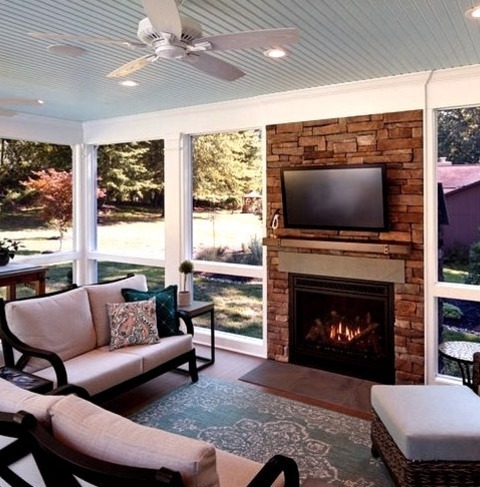 Baltimore Porch Backyard Idea For A Medium-sized, Transitional Stone Screened-in Back Porch With An Addition